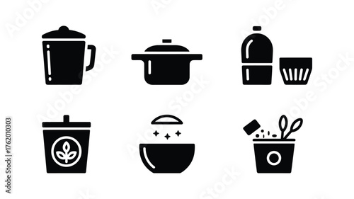 Kitchen Utensils and Food Container Icon Set — Vector Pot, Bottle, Cup, Bowl, and Snack Symbols

