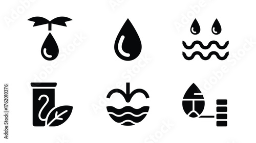 Water and Liquid Icon Set — Vector Droplet, Water Flow, Pipe, and Faucet Symbols

