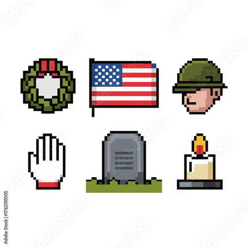 Remembrance day pixel art collection, wreath and flag, soldier profile helmet, salute glove, gravestone, candle, solemn patriotic theme