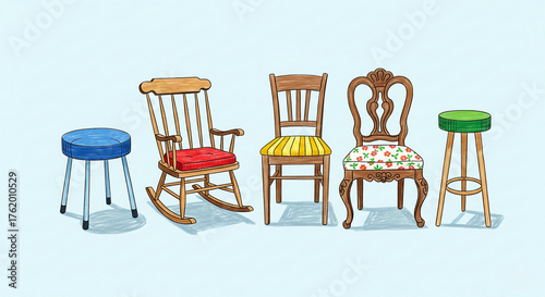 Collection of vintage and modern chairs and stools in various styles and colors