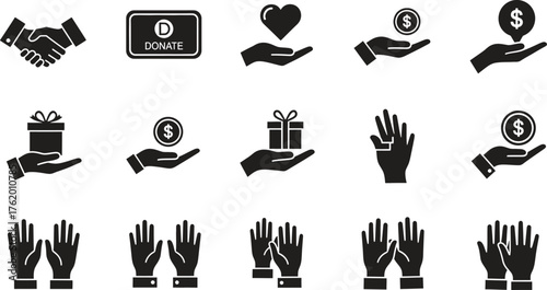 Collection of black and white donation and giving related icons vector