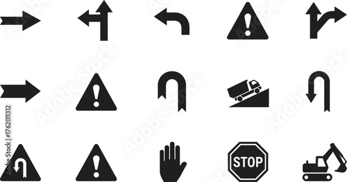 Collection of black and white transport signs and road safety icons