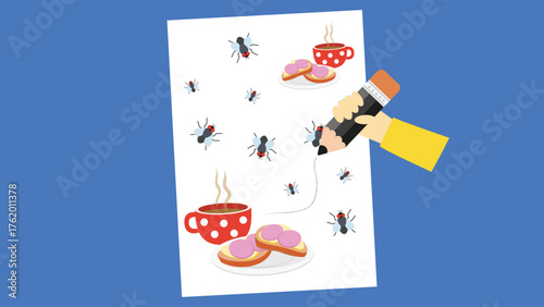 Illustration of a person holding a microphone in front of a wall full of insects