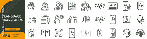 Language Translation Icon Set – Symbols of Multilingual Communication, Global Interaction, and Translation Tools