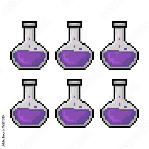 Six potion bottles grid, pixel art chemistry, purple elixir collection, minimal layout, magical game asset, cute vector icons