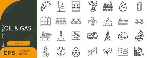 Oil & Gas Icon Set – Symbols of Energy Production, Industrial Equipment, and Safety Tools