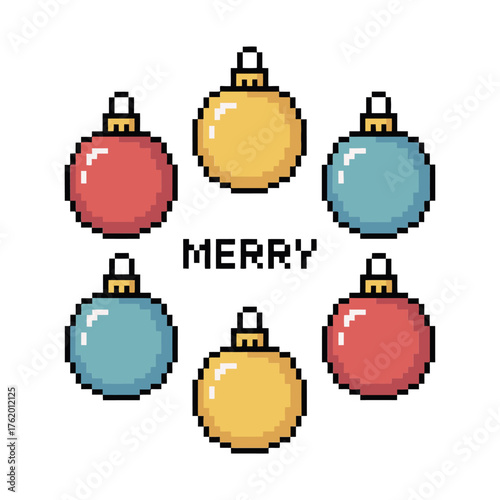 Colorful christmas baubles set, pixel style ornaments, merry text center, festive decoration, holiday clipart collection, vector illustration