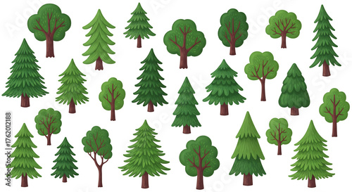 Collection of diverse green deciduous and coniferous trees isolated on white background