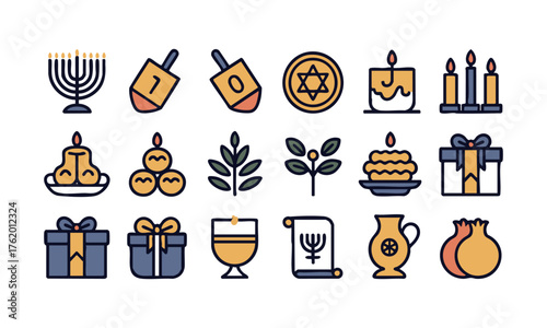 Hanukkah Festival Symbols — Minimal Vector Graphics Illustration Set, Hanukkah elements, easily editable.