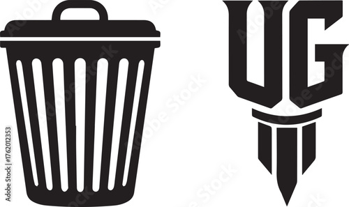Trash Can and Stylized UG Logo on White Background Keywords: trash can, garbage bin, waste bin