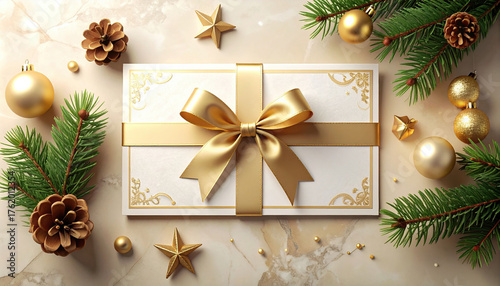 Beautifully wrapped gift with golden bow is surrounded by festive decorations, including pine branches, pinecones, and golden ornaments