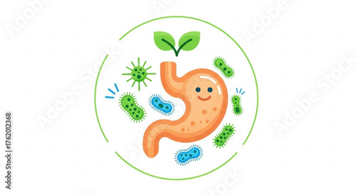 Happy stomach with probiotics and green leaves for healthy digestion and gut health concept design