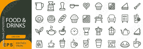 Food & Drinks Icon Set – Symbols of Beverages, Baked Goods, and Kitchen Essentials
