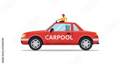 A red car with the word carpool on the side and a person sitting on top, this represents carpooling and ridesharing