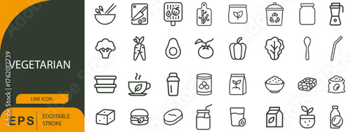Vegetarian Icon Set – Symbols of Plant-Based Food, Healthy Eating, and Kitchen Essentials