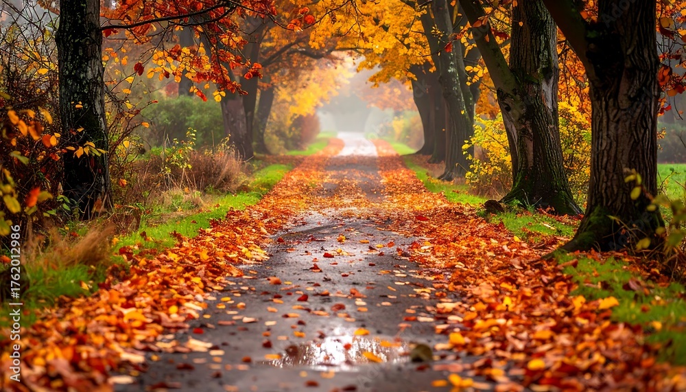 Fototapeta premium An autumnal pathway winds through a tree-lined lane, bathed in golden light, leading toward a misty distance