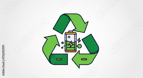 Battery recycling symbol with green arrows around a battery, promoting sustainable energy and waste reduction