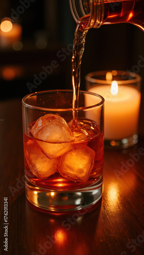 Refreshing drink is being poured over ice cubes in glass, creating warm and inviting atmosphere with soft candlelight in background