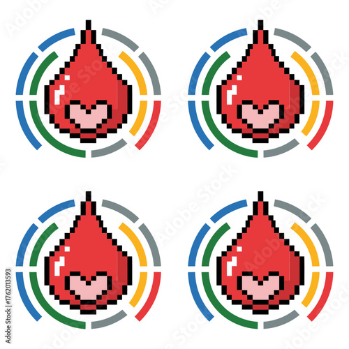 Repeating awareness badges, blood drop with digital rings, set of four icons, diabetes screening reminder, wellness, care, vector