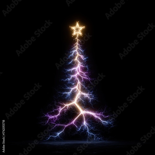 Electric Christmas Tree with Glowing Lightning Branches – Futuristic Tech Holiday Illustration