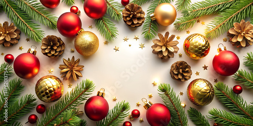 Festive Christmas tree decorations with red and gold baubles and ornaments on a fir branch background for a winter holiday celebration