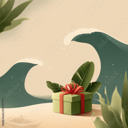 Wrapped Tropical Christmas Gift with Palm Leaves by the Sea – Whimsical Ocean Holiday Concept