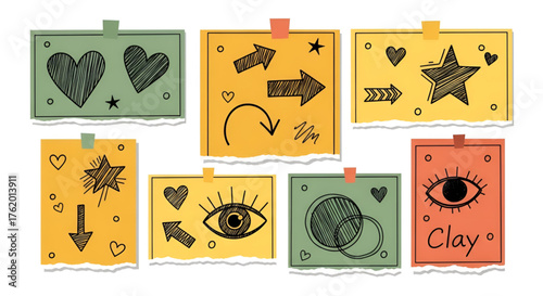 Colorful doodle art with hearts stars arrows and eyes on sticky notes