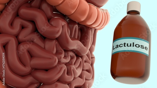 Fotografia A 3d illustration of bottle labeled Lactulose and human intestines