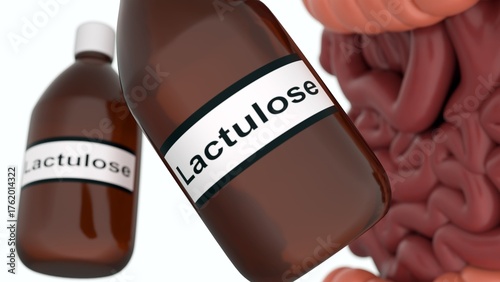 Canvas Print A 3d illustration of bottle labeled Lactulose and human intestines