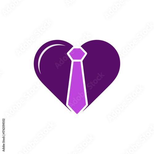 Purple heart logo with tie, Fathers Day badge, gratitude and respect, paternal love emblem, modern vector illustration