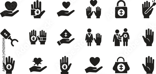 Collection of healthcare charity and love black vector icons isolated concept
