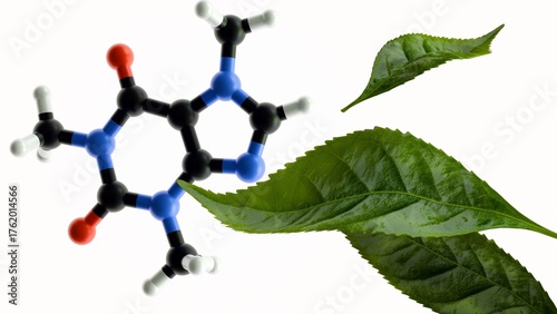 Принти на полотні A 3D molecular model of caffeine with tea leaves, illustrates the relationship between caffeine and tea, floats within background