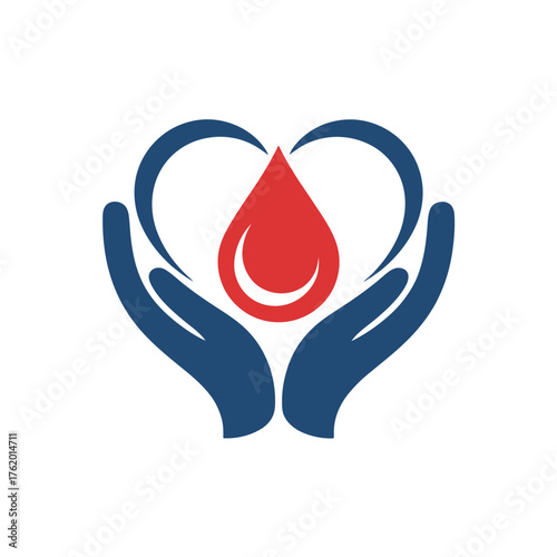 caring hands heart shape, red droplet inside, donate life support, healthcare compassion icon, community wellness branding, vector illustration