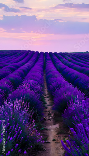 Majestic Lavender Fields at Sunset: A Serene Landscape Under the Blissful Glow of Pink and Violet Twilight Skies