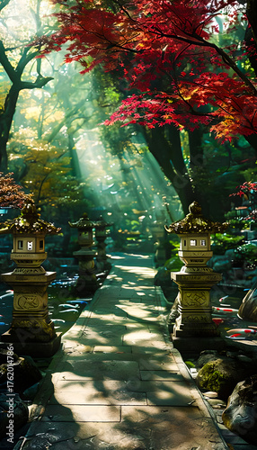 Tranquil Nature Scene: Vibrant Maple Trees Bathe in Glowing Sunlight on Peaceful Stone Path in Golden Hour Setting