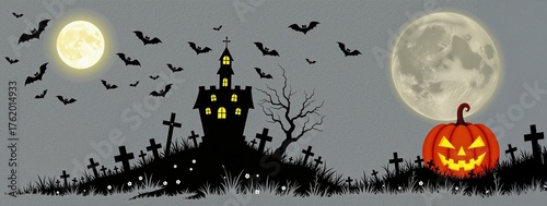 Spooky halloween night scene haunted castle digital art eerie landscape atmospheric perspective minimalist touch
