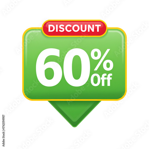 Vibrant green 60 percent off discount badge with a clear design and isolated transparent