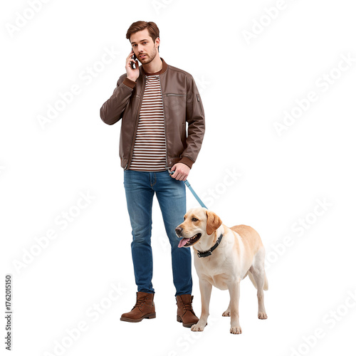 Gentleman conversing on mobile device while walking golden retriever, isolated transparent