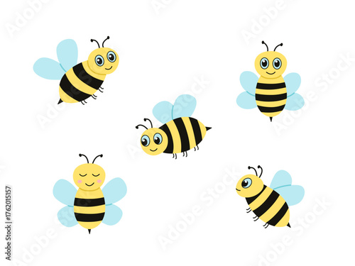 A set of funny bees. Vector illustration of cartoon bee insects.