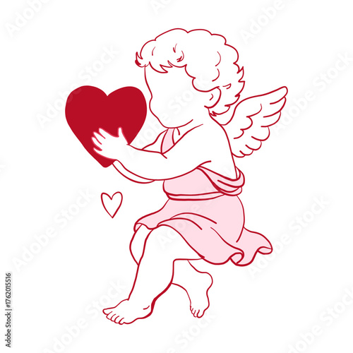 Cute cupid holding heart in coquette pink style