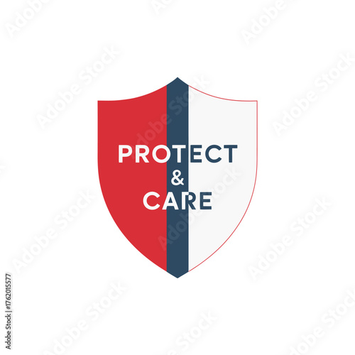 Protect and care shield, red blue badge, safety security concept, health protection emblem, trustworthy medical service vector