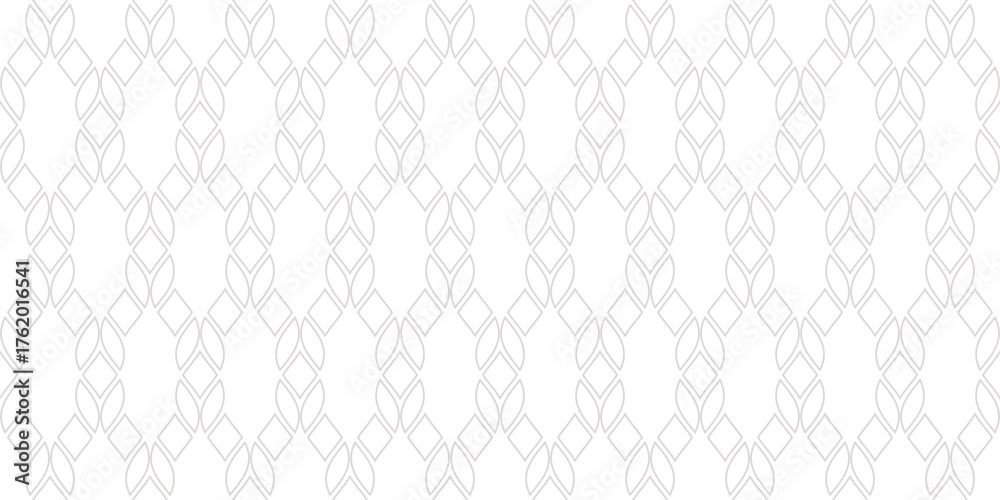 Fototapeta premium Subtle minimalist seamless pattern with outline shapes, ropes, mesh, net, grid, curved lattice. Vector minimal geometric background. Gray and white texture. Abstract modern delicate repeated design