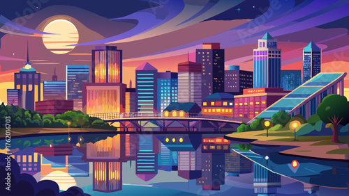 Very beautiful skyline of Little Rock reflecting on the calm Arkansas River at dusk, with colorful lights and peaceful evening atmosphere embracing the modern southern city.
