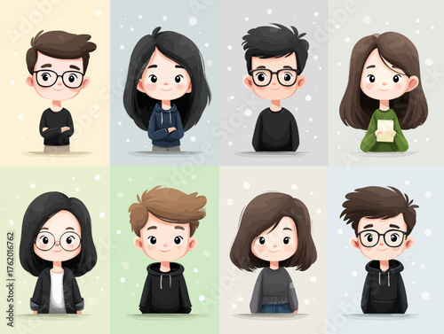 Minimalist Vector SVG Illustration of Eight Diverse Cartoon Characters in Flat Style with Soft Pastel Backgrounds