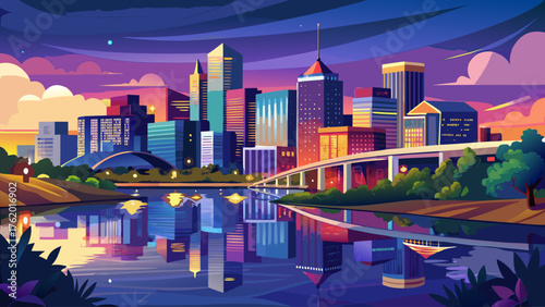 Very beautiful skyline of Little Rock reflecting on the calm Arkansas River at dusk, with colorful lights and peaceful evening atmosphere embracing the modern southern city.
