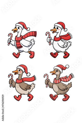 Animated goose family wearing santa hats and red boots is walking with transparent background