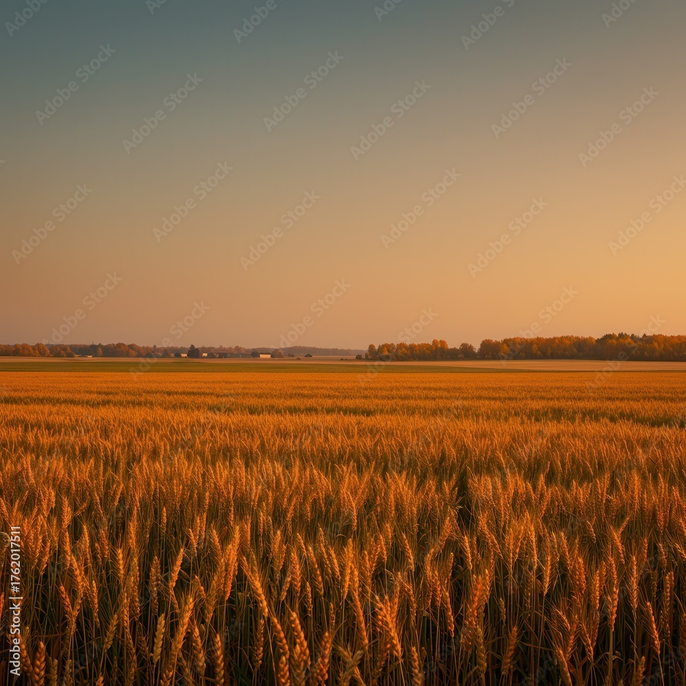 Obraz premium Golden wheat field stretching towards the horizon under a warm, serene sky at sunset