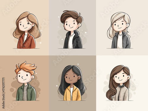 Vector SVG Illustration Set of Diverse Cartoon Characters in Modern Flat Style with Warm Color Palette for Digital Media and Branding
