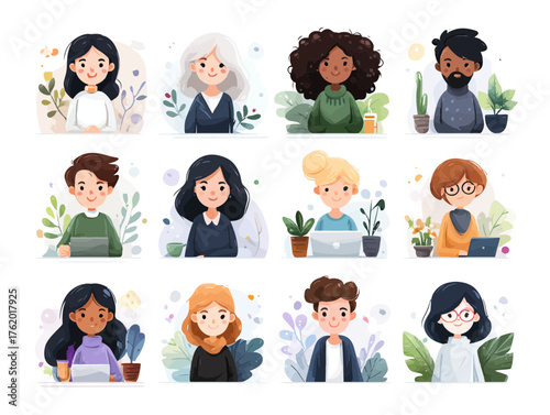 Vector SVG Illustration of Diverse People Portraits in Modern Flat Style with Bright Colors for Web and App Design