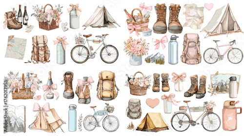 Watercolor outdoor lifestyle collection with bicycles, tents, boots, backpacks, and flowers. Ideal for travel blogs, adventure designs, or camping-themed prints.